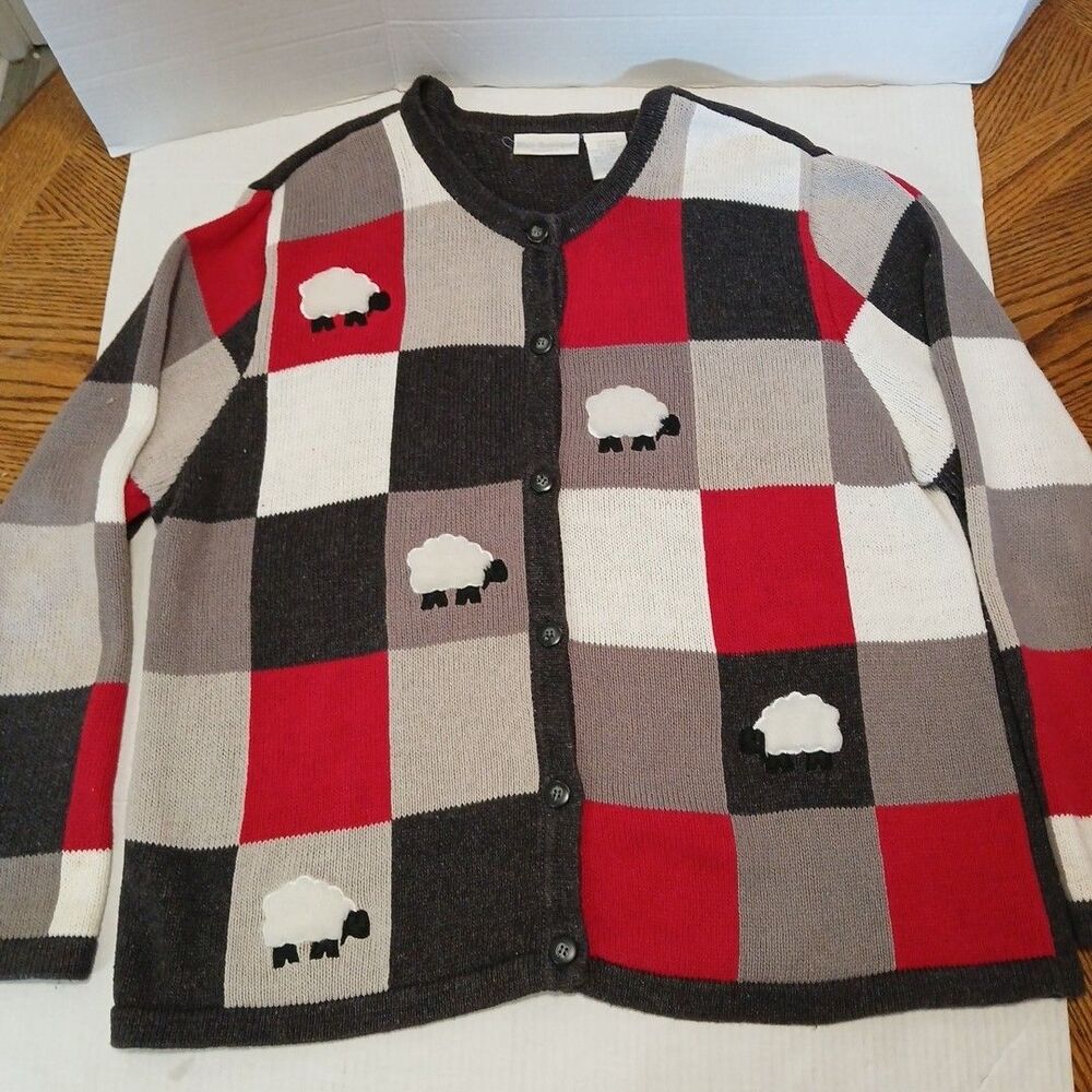 Vintage Blair Boutique Checkered Sheep Print Farm Button Cardigan Sweater Xlg